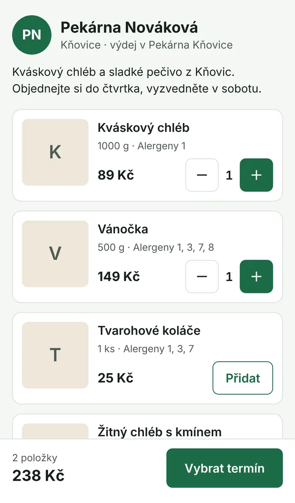 Ukázka objednávkové stránky pekárny na telefonu: výrobky, ceny a tlačítko Vybrat termín